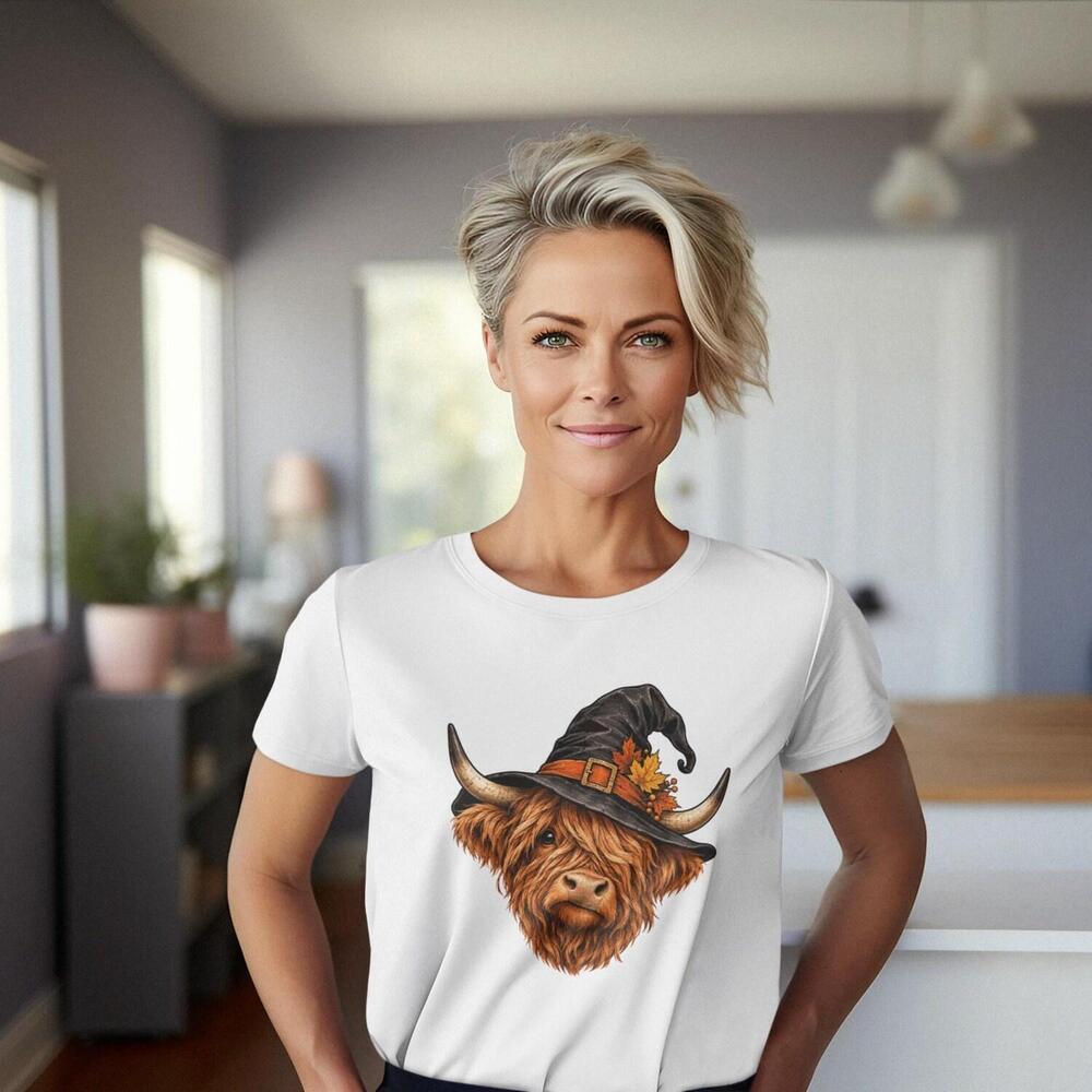 Highland Cow Witch Hat Shirt Halloween Autumn Highland Cow Tee Fall
